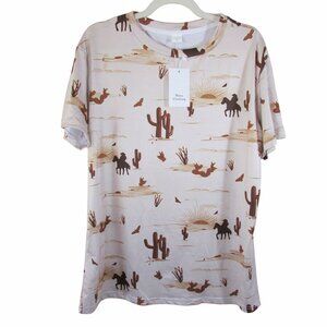 Unbranded Women's XL Short Sleeve Western Desert Cactus Print T-Shirt - Cream/Ta